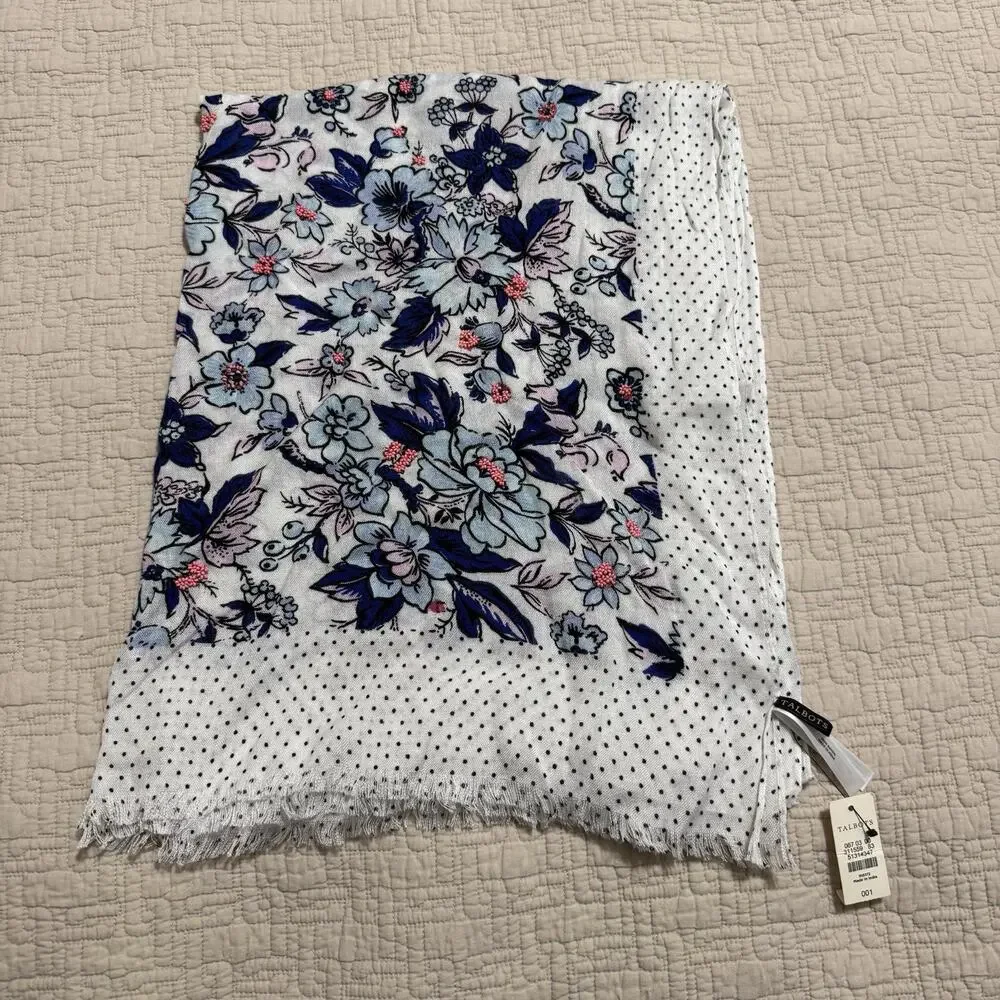 Talbots Blue Floral Beaded Scarf with Polka Dot Border